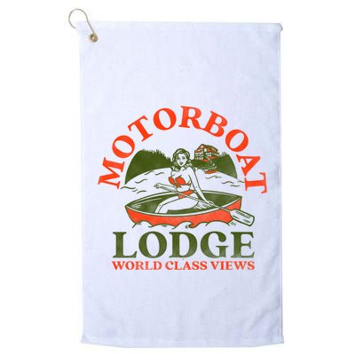 Motorboat Lodge World Class Views. Funny Retro Canoe Pinup Golf Towel