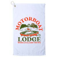 Motorboat Lodge World Class Views. Funny Retro Canoe Pinup Golf Towel
