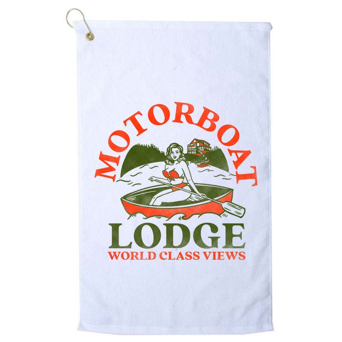 Motorboat Lodge World Class Views. Funny Retro Canoe Pinup Golf Towel