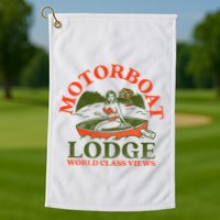 Motorboat Lodge World Class Views. Funny Retro Canoe Pinup Golf Towel