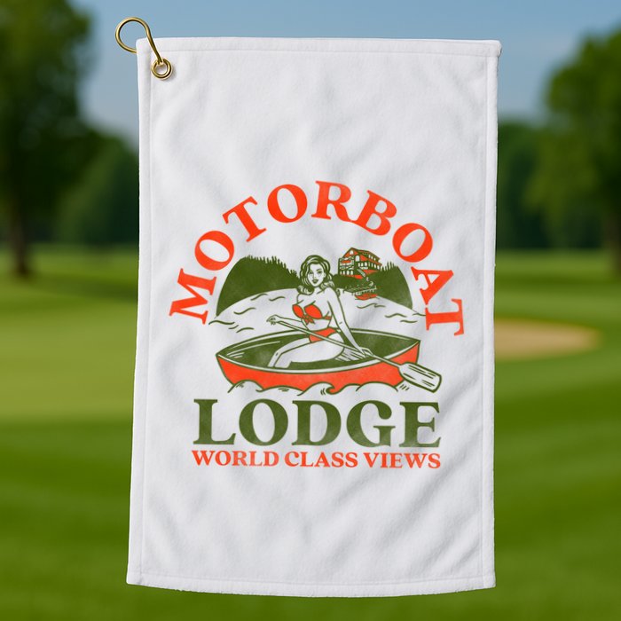 Motorboat Lodge World Class Views. Funny Retro Canoe Pinup Golf Towel