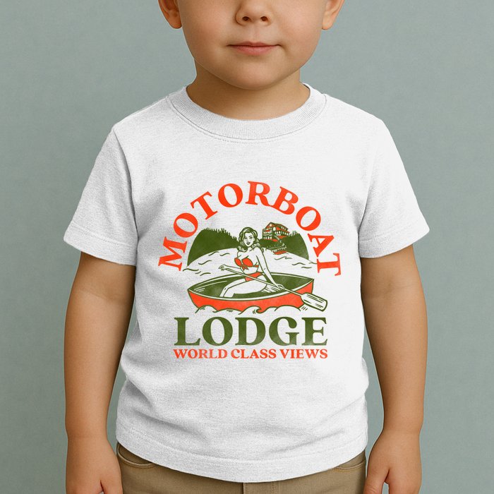 Motorboat Lodge World Class Views. Funny Retro Canoe Pinup Toddler T-Shirt