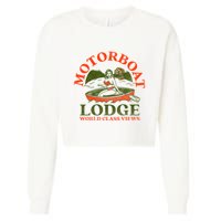 Motorboat Lodge World Class Views. Funny Retro Canoe Pinup Cropped Pullover Crew