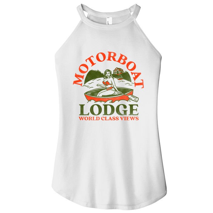Motorboat Lodge World Class Views. Funny Retro Canoe Pinup Women's Perfect Tri Rocker Tank