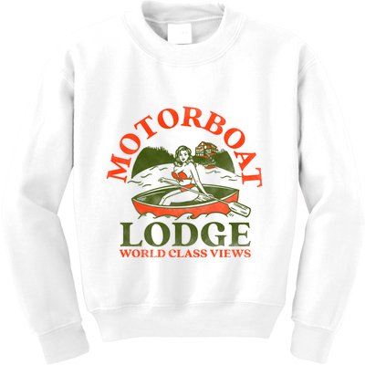 Motorboat Lodge World Class Views. Funny Retro Canoe Pinup Kids Sweatshirt