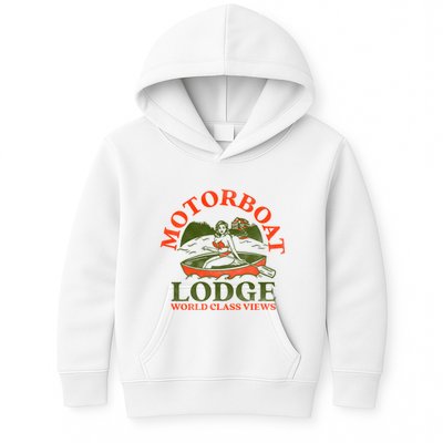Motorboat Lodge World Class Views. Funny Retro Canoe Pinup Kids Hoodie