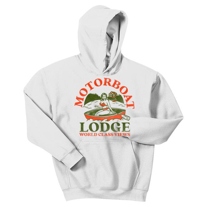 Motorboat Lodge World Class Views. Funny Retro Canoe Pinup Kids Hoodie