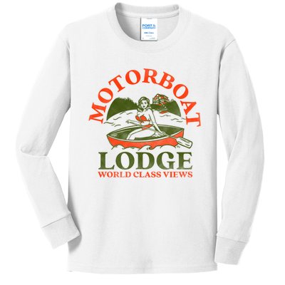 Motorboat Lodge World Class Views. Funny Retro Canoe Pinup Kids Long Sleeve Shirt