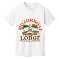 Motorboat Lodge World Class Views. Funny Retro Canoe Pinup Kids T-Shirt