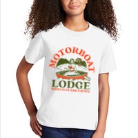 Motorboat Lodge World Class Views. Funny Retro Canoe Pinup Kids T-Shirt