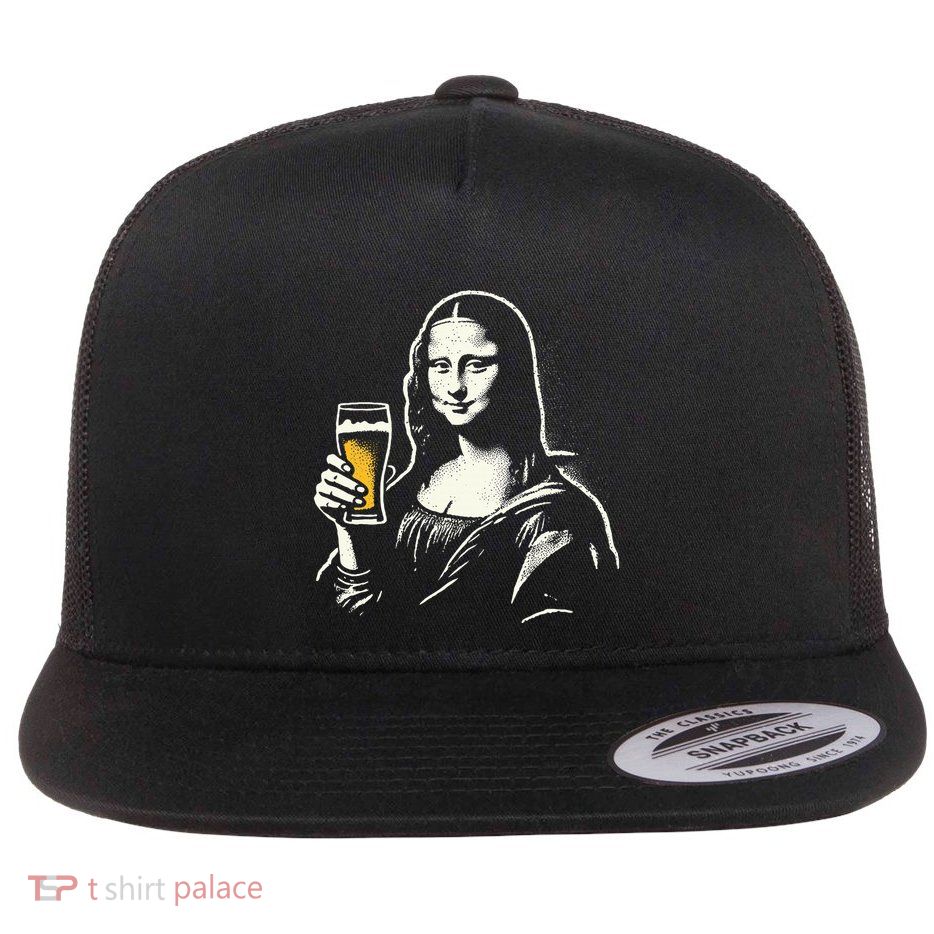 Mona Lisa With Beer Bar Pub Crawl Party Flat Bill Trucker Hat