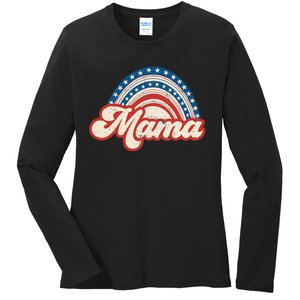 Mama Mini 4th Of July USA Flag Rainbow Mom Daughter Matching Ladies Long Sleeve Shirt