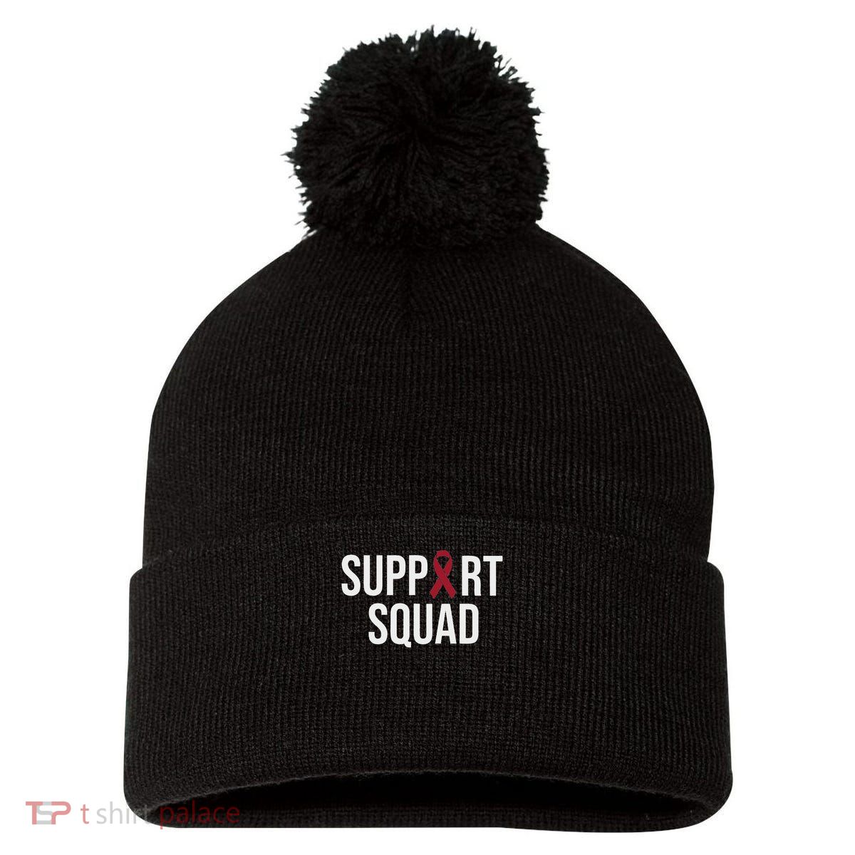 Multiple Myeloma Awareness Burgundy Ribbon Support Squad Pom Pom 12in Knit Beanie
