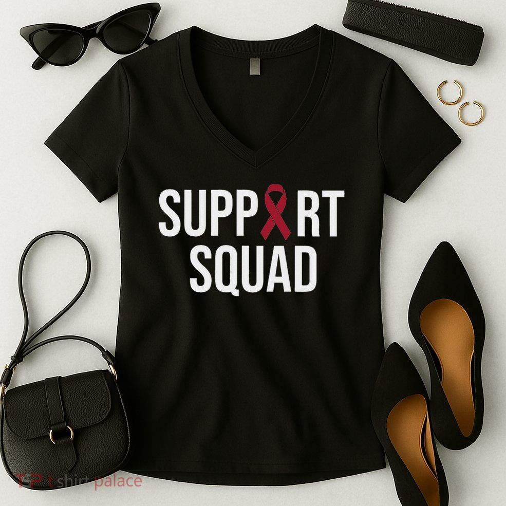 Multiple Myeloma Awareness Burgundy Ribbon Support Squad Women's V-Neck T-Shirt