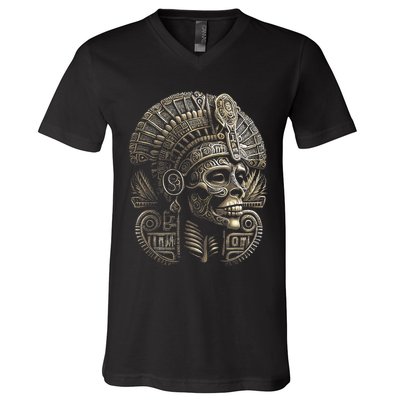 Mexican Mictlantecuhtli Aztec God Of Death Skull V-Neck T-Shirt