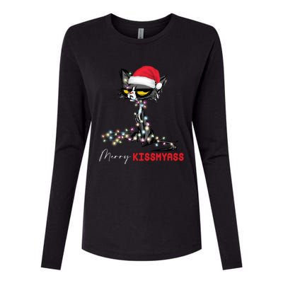 Merry My Ass Christmas Xmas Lights Black Cat Pajamas Cute Gift Womens Cotton Relaxed Long Sleeve T-Shirt