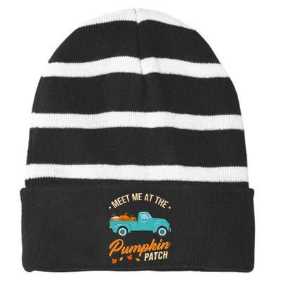 Meet Me At The Pumpkin Patch Truck Halloween Hello Fall 2024 Striped Beanie with Solid Band