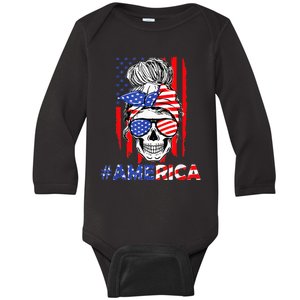 Merica Messy Bun Skull 4th Of July American Flag Patriotic Baby Long Sleeve Bodysuit