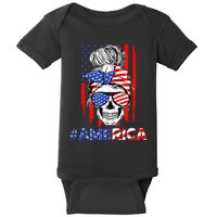 Merica Messy Bun Skull 4th Of July American Flag Patriotic Baby Bodysuit