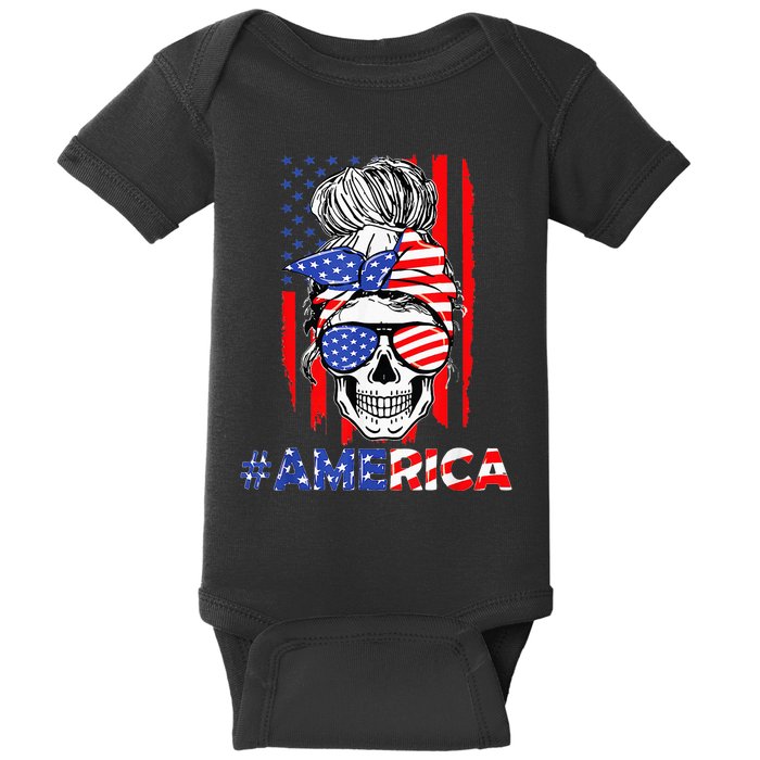 Merica Messy Bun Skull 4th Of July American Flag Patriotic Baby Bodysuit