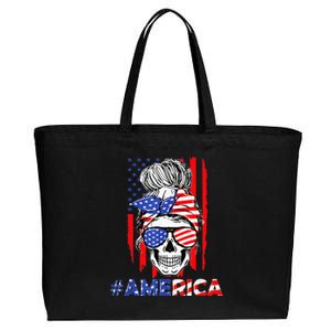 Merica Messy Bun Skull 4th Of July American Flag Patriotic Cotton Canvas Jumbo Tote