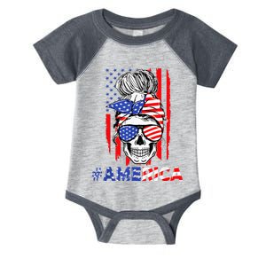 Merica Messy Bun Skull 4th Of July American Flag Patriotic Infant Baby Jersey Bodysuit