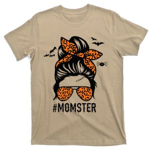 Mom Messy Bun Halloween Leopard Momster Funny Spooky T-Shirt