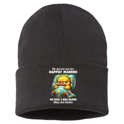 Me & My Bed Are Happily Married We Have 2  Named Pillow  Sustainable Knit Beanie