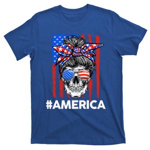 Merica Messy Bun Skull 4th Of July American Flag Meaningful Gift T-Shirt