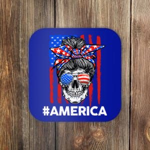 Merica Messy Bun Skull 4th Of July American Flag Meaningful Gift Coaster