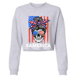 Merica Messy Bun Skull 4th Of July American Flag Meaningful Gift Cropped Pullover Crew