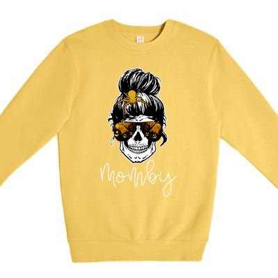 Messy Mom Bun Skull Halloween Mom Life Cool Gift Premium Crewneck Sweatshirt