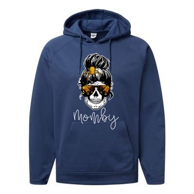 Messy Mom Bun Skull Halloween Mom Life Cool Gift Performance Fleece Hoodie