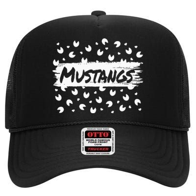 Mustangs Mascot Back To School Spirit Footprint Heart Squad High Crown Mesh Back Trucker Hat