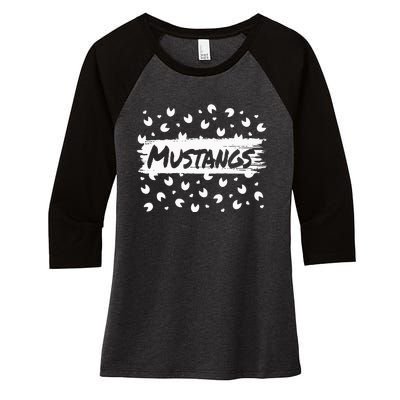 Mustangs Mascot Back To School Spirit Footprint Heart Squad Women's Tri-Blend 3/4-Sleeve Raglan Shirt