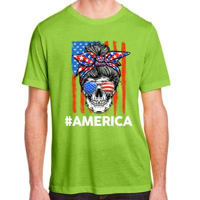 Merica Messy Bun Skull 4th Of July American Flag Gift Adult ChromaSoft Performance T-Shirt