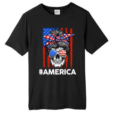 Merica Messy Bun Skull 4th Of July American Flag Gift Tall Fusion ChromaSoft Performance T-Shirt