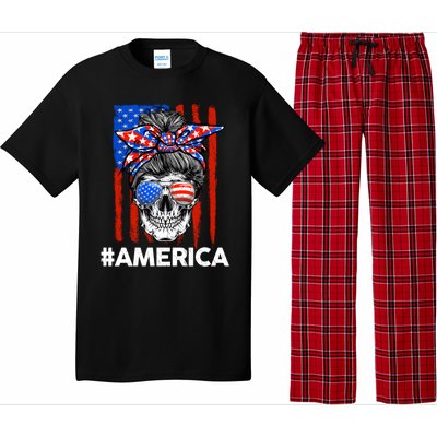 Merica Messy Bun Skull 4th Of July American Flag Gift Pajama Set