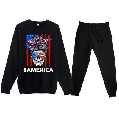 Merica Messy Bun Skull 4th Of July American Flag Gift Premium Crewneck Sweatsuit Set