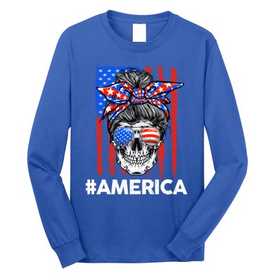 Merica Messy Bun Skull 4th Of July American Flag Gift Long Sleeve Shirt