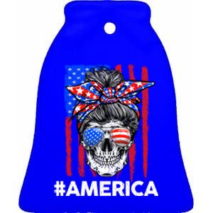 Merica Messy Bun Skull 4th Of July American Flag Gift Ceramic Bell Ornament