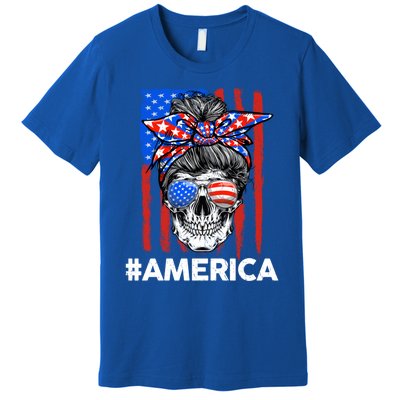 Merica Messy Bun Skull 4th Of July American Flag Gift Premium T-Shirt