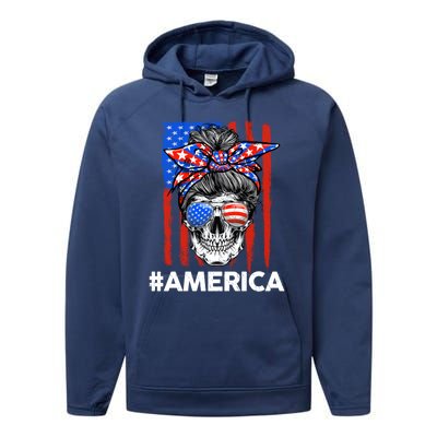 Merica Messy Bun Skull 4th Of July American Flag Gift Performance Fleece Hoodie