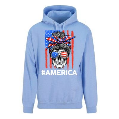 Merica Messy Bun Skull 4th Of July American Flag Gift Unisex Surf Hoodie