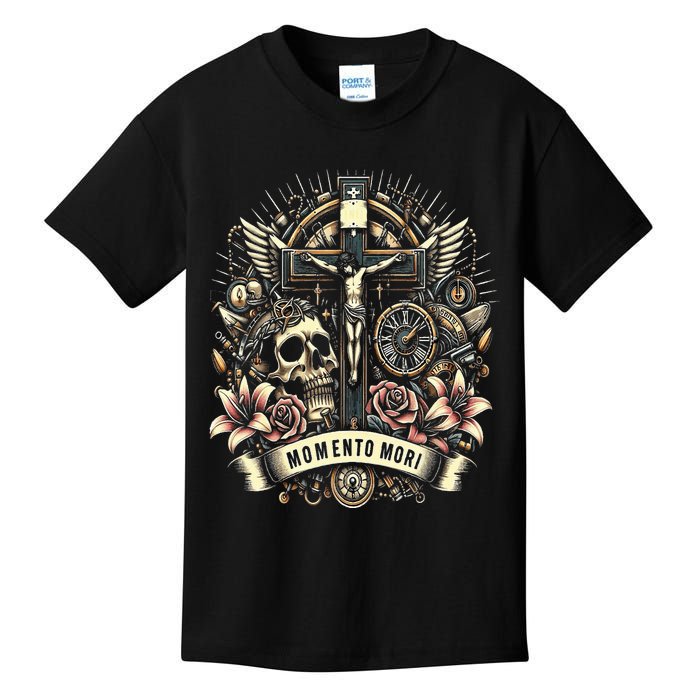 Memento Mori Catholic Crucifix Traditional Latin Mass Skull Kids T-Shirt