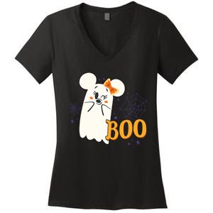 Minnie Mouse Cute Little Ghost Boo Halloween Women's V-Neck T-Shirt