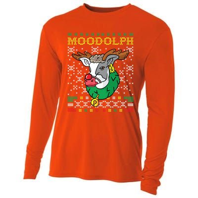 Moodolph Moo Cow Reindeer Ugly Christmas Sweater Farmer Gift Cooling Performance Long Sleeve Crew