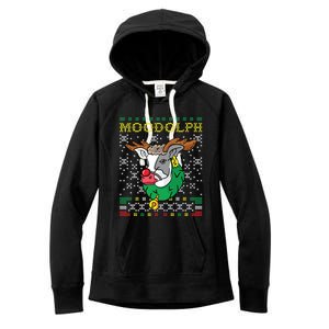 Moodolph Moo Cow Reindeer Ugly Christmas Sweater Farmer Gift Women's Fleece Hoodie