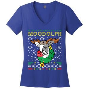 Moodolph Moo Cow Reindeer Ugly Christmas Sweater Farmer Gift Women's V-Neck T-Shirt