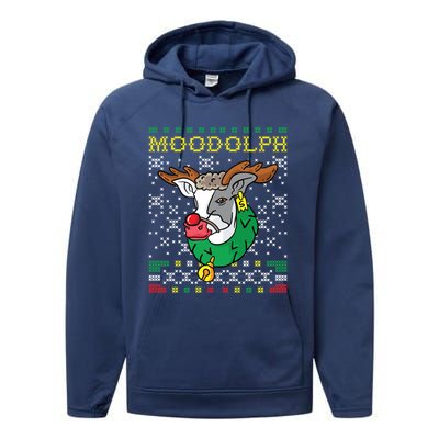 Moodolph Moo Cow Reindeer Ugly Christmas Sweater Farmer Gift Performance Fleece Hoodie